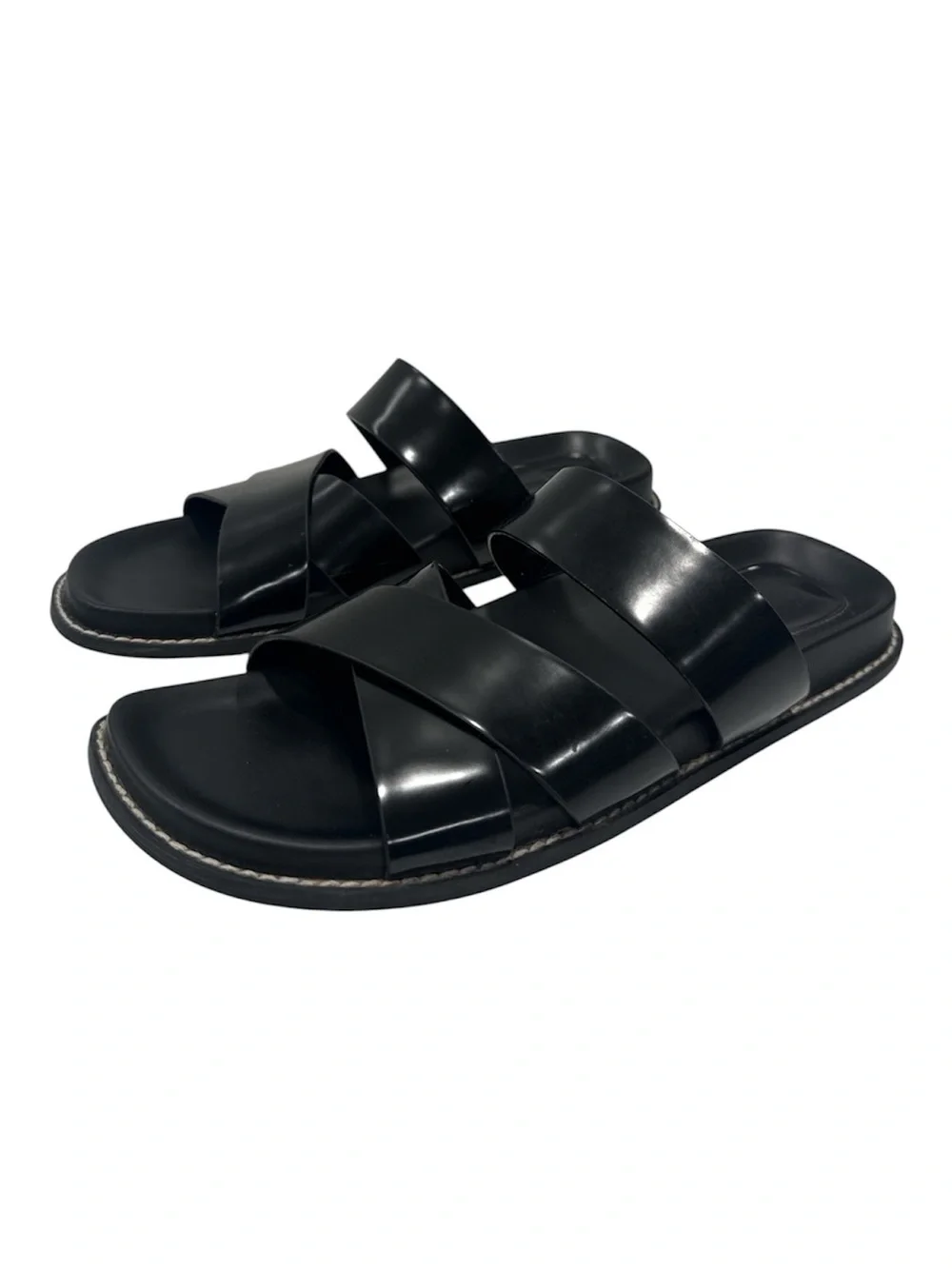 Zara Black Leather Double-Strap Slide Sandals